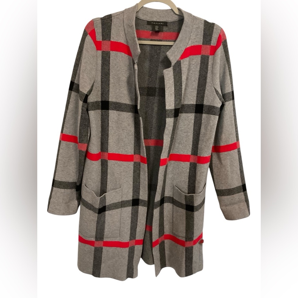 Tahari Plaid Cardigan Gray Red Open Front Sweater Medium Chic - Picture 2 of 10